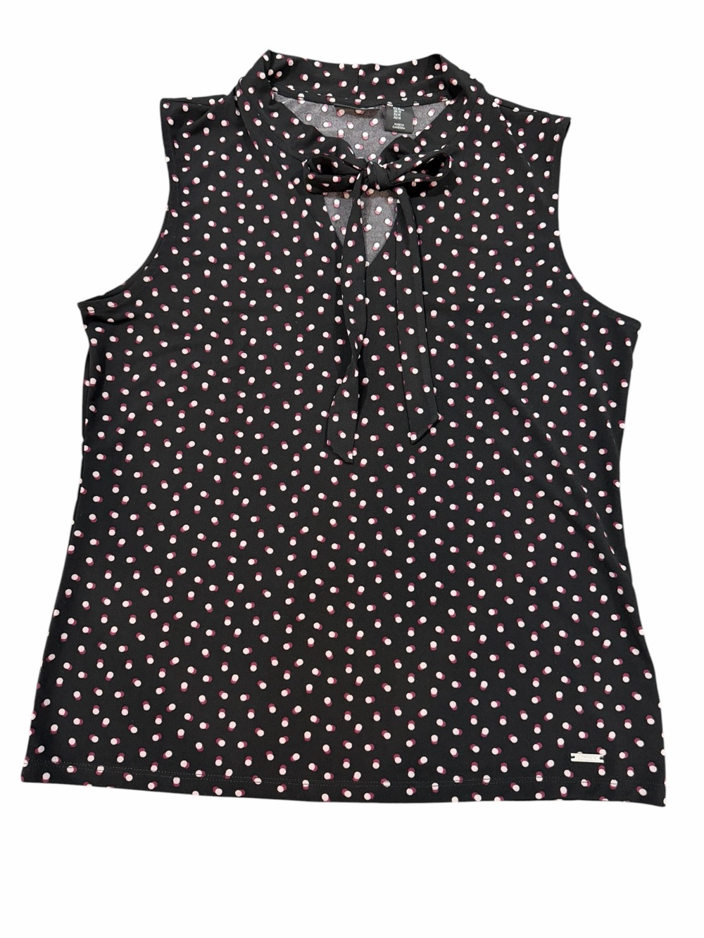 Tahari Black Polka Dot Sleeveless Tie‎ Neck Blouse Top Size Medium